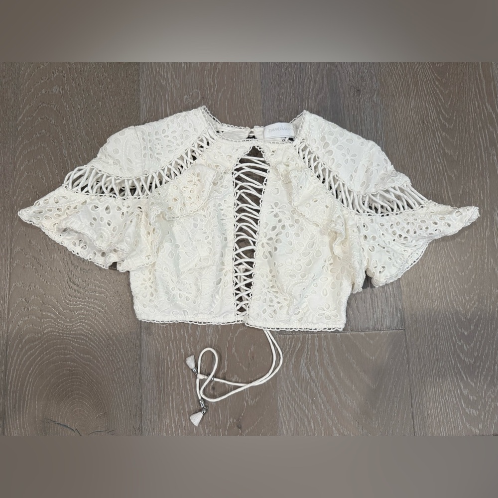 Zimmermann Cream White Eyelet Short Sleeve  Lace Blouse Top 1